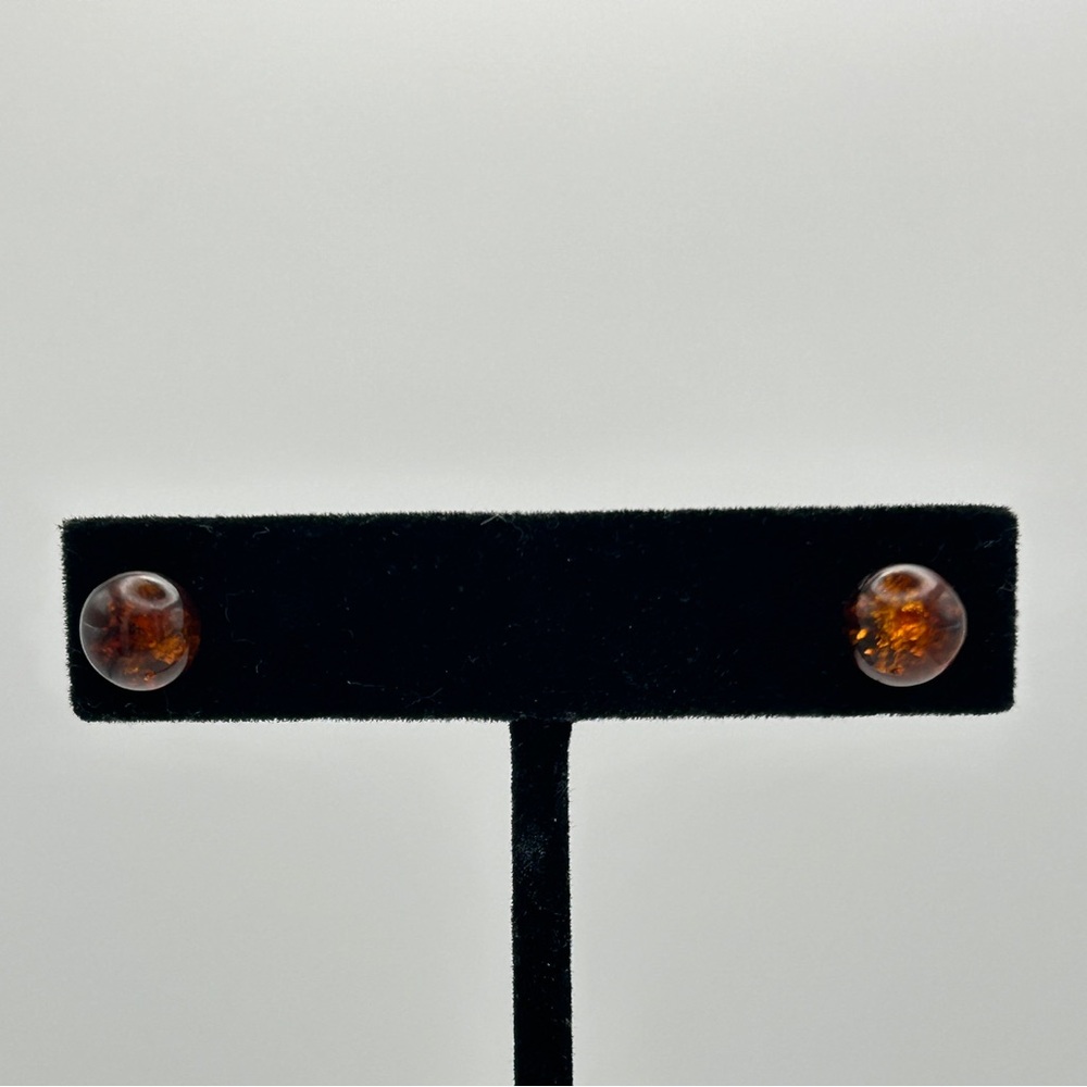 Genuine Baltic Amber Round Stud Earrings; 925 Sterling Silver